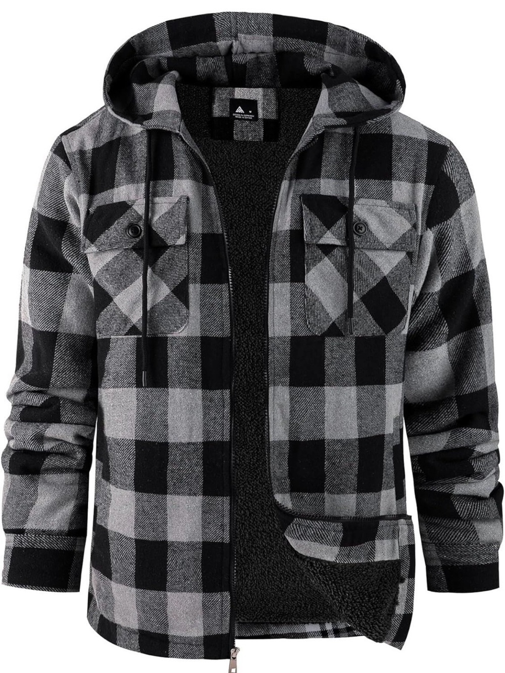 Zity Black & Gray Buffalo Plaid Sherpa-Lined Flannel Hooded Jacket Men’s Large